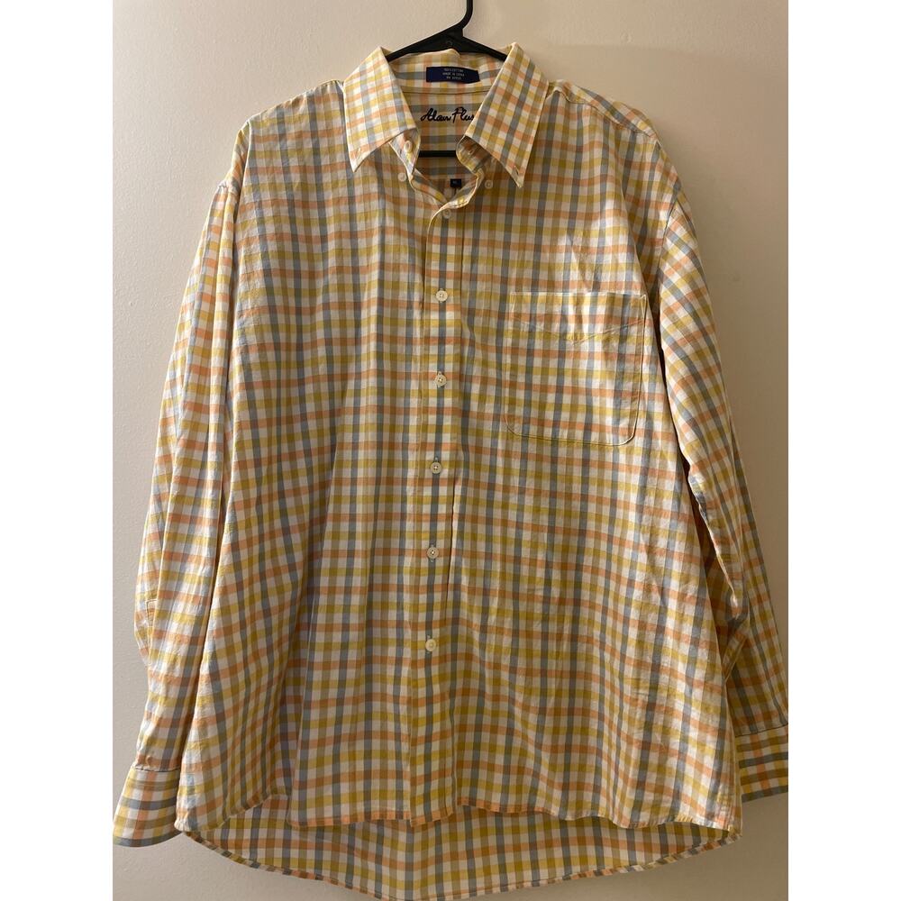 Alan‎ Flusser Men's XL Button Down Plaid Checkered 100% Cotton Standard Fit